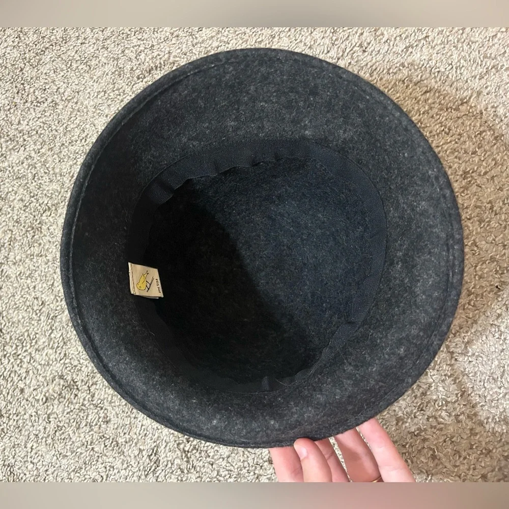 Anthropologie Dark Gray Wool Hat Blue Lace Band by Yellow Bird Cloche Women's